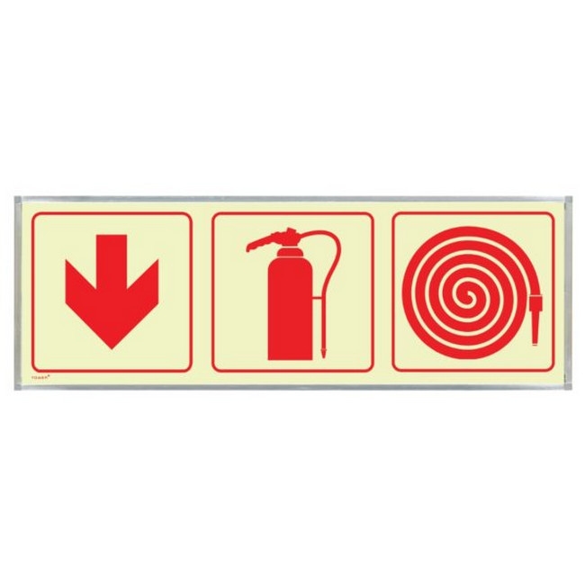 Photoluminescent Sign Frame - Fire Extinguisher, Hose, Red Arrow Down - 570 x 190mm - SIGNP3FEHA(D1)