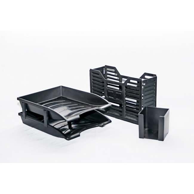 Combo Set - 2 Tier Letter Tray, Doodle Box and A4 Plastic Container - Recycled - Black - 020RCD