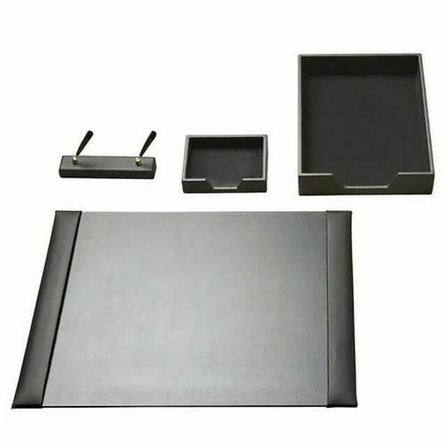 Executive Leather Desk Set - Letter Tray, Desk Pad, Double Pen Stand - Memo Pad Tray - Black - LEA651BL