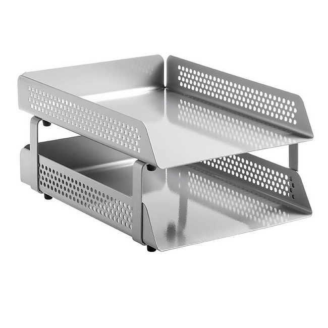 Double Letter Tray - Round Perforated Steel Range - Metal - 35 x 25 x 17 cm - Silver - 800SI