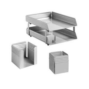 Desk Set - Fluted Steel Range - Metal - Letter Tray - Pencil Cube and Cup - Silver - 514SI