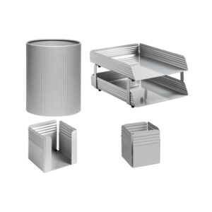 Desk Set - Fluted Steel Range - Metal - Letter Tray - Waste Bin - Pencil Cube and Cup - Silver - 513SI
