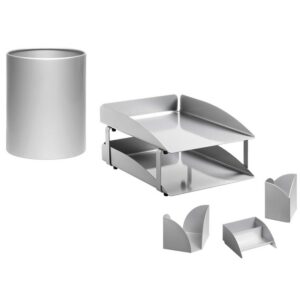 Desk Set - Modern Steel Range - Metal - Letter Tray - Waste Bin - Business Card Holder - Pencil Cube and Cup - Silver - 410SI