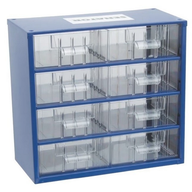 Senator Parts Organiser - Steel Case & Plastic Drawers - 8 Drawers - Transparent - 30.6 x 15.5 x 28.2 cm