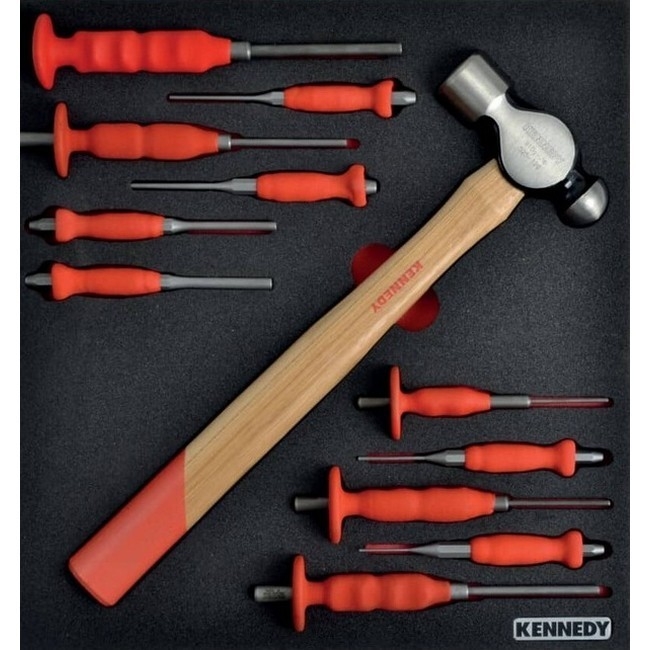 Kennedy Engineer Punch & Hammer Set - Hardened Steel with Foam Inlay - 12 Pieces - with 2/3 Width Foam Tool Control Inlay for Tool Roller Cabinets