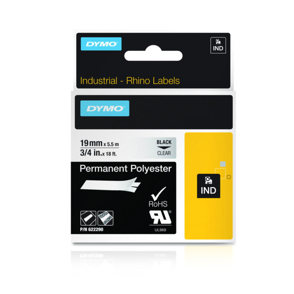 Dymo Original IND-Tape for Rhino, 19mm x 5.5m, Permanent Polyester, Black on Clear