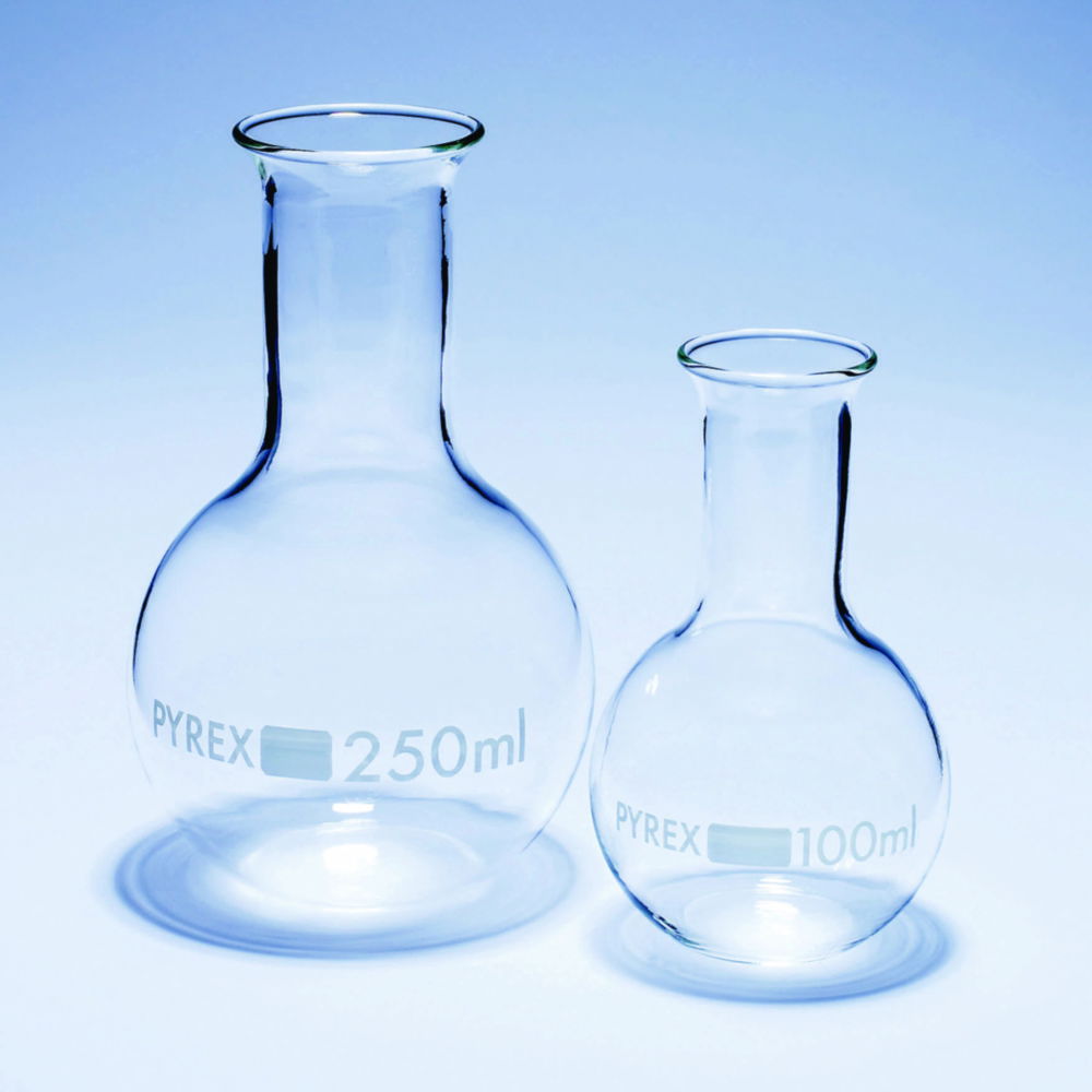 DWK Pyrex Round Flask 1000 mL, Narrow Neck, Flat Bottom, Pack of 10