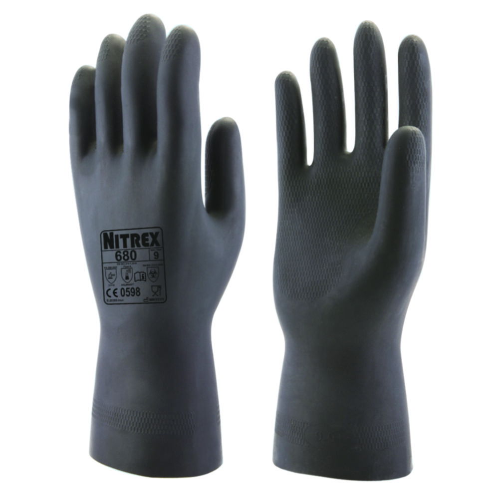 Chemical protective gloves Nitrex 680 XS (6) latex, black, inside flocked, pack of 10 pair