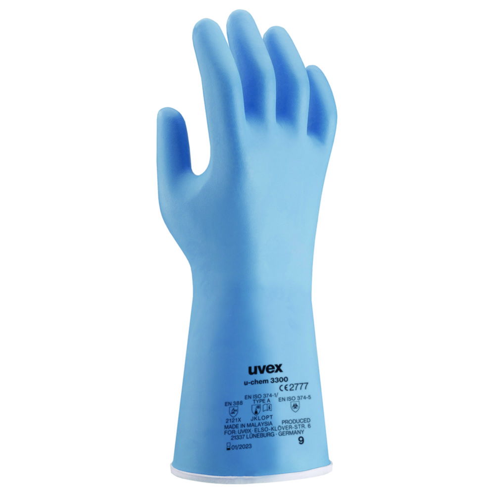 Uvex Protective Gloves U-Chem 3300, Size 8, EN 388, EN ISO 347-1, Blue Nitrile Rubber, Pack of 1 Box (10 Pairs)