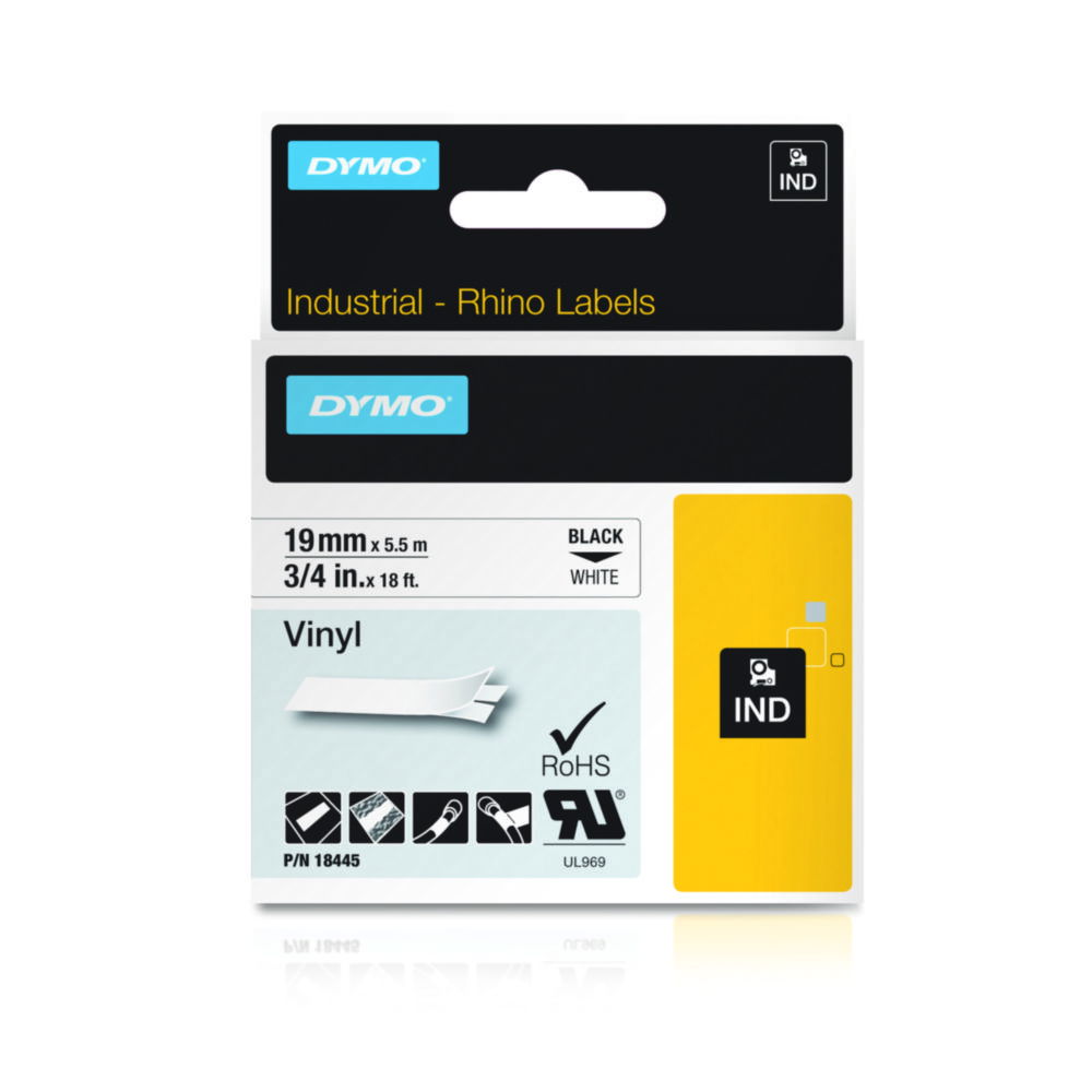Dymo Original IND Tape for Rhino, 19mm x 5.5m, Coloured Vinyl, Black on White