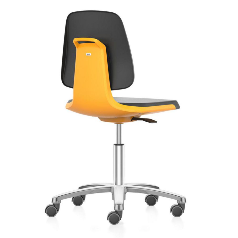 Interstuhl Büromöbel Laboratory Chair Labsit 2 with Castors Leatherette Magic Black MG01 Seat Shell Orange, Alu Base Polished