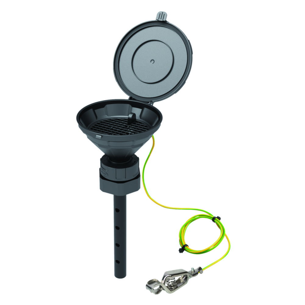 SCAT Funnel with lid "MARCO", V2.0, S65, 140 mm, PE-HD electrostatic conductive, with lance 220 mm, with removable sieve and earthing cable