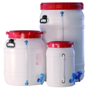 Behr Wide-Neck Barrel WF55H, 55 L, White PVC with Level Indicator, Plug, and Lid