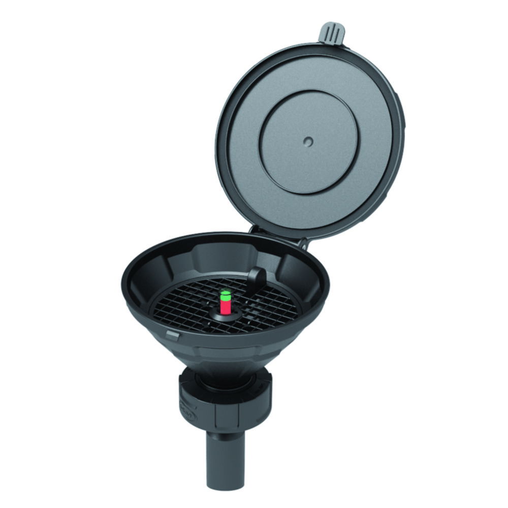 SCAT Funnel with lid "MARCO", V2.0, S60/61 PE-HD electrostatic conductive, with level control, removable sieve, and earthing cable