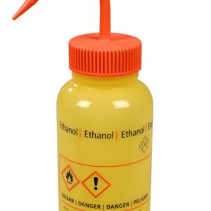 Bürkle Wide-Neck Wash Bottle 500 ml, LDPE, "ethanol", Orange Closure, LaboPlast