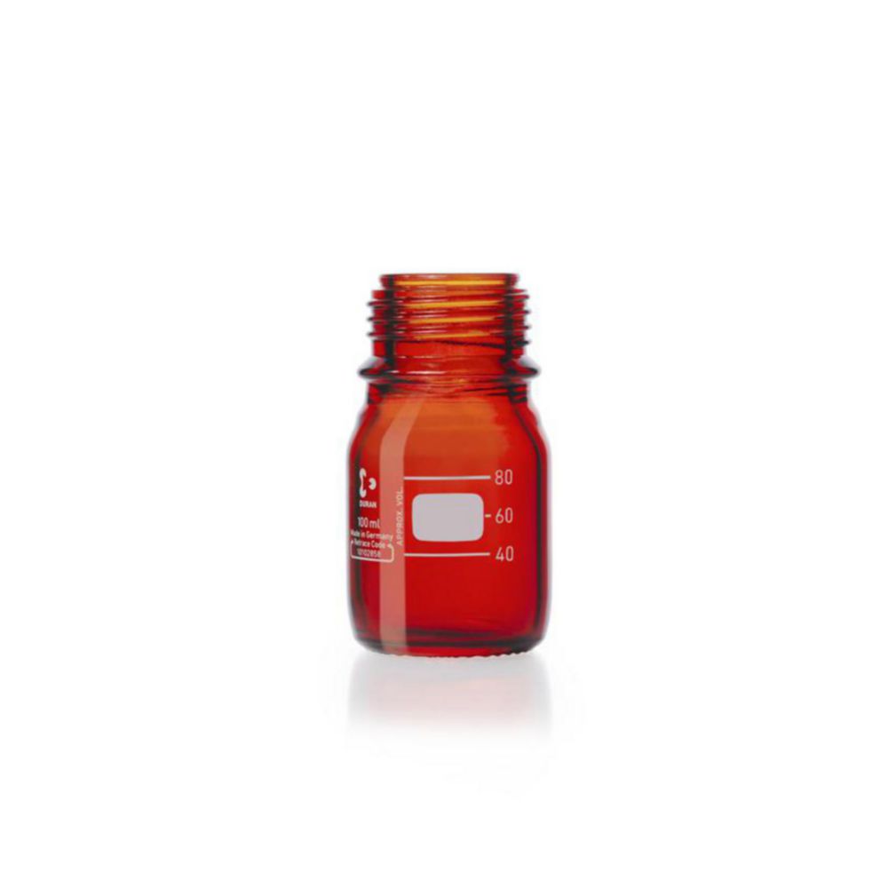 DWK Duran 100 mL Amber Glass Laboratory Bottle with GL45 Thread, Graduated Scale, without Screw Cap, and Pouring Ring