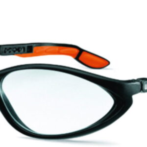 Uvex Cybric 9188 Safety Spectacles, Black/Orange Frame, Clear Lens, UV 2-1.2, Optidur 4C Plus