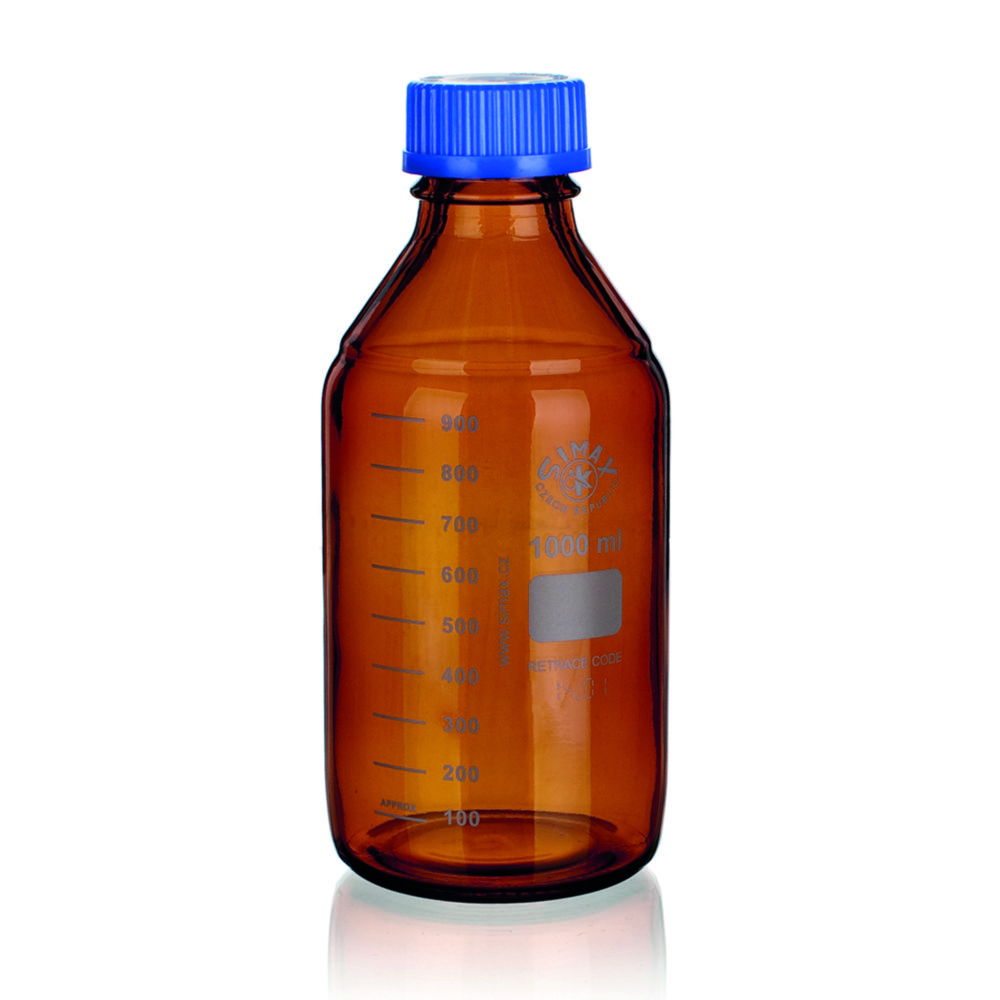 Bohemia Cristal Laboratory Thread Bottle, 250ml with Blue Cap and Effuse Ring, GL-45, Brown Coated, ISO 4796-1, Borosilicate Glass 3.3