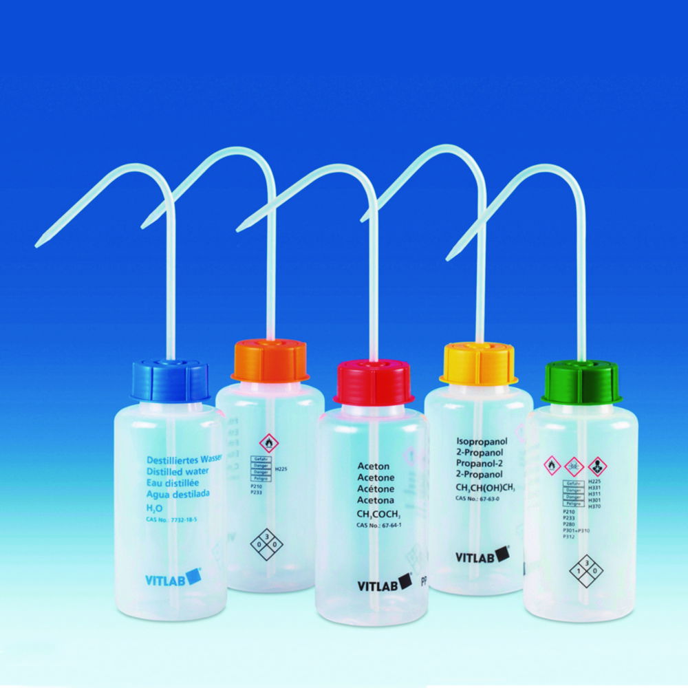 VITLAB Safety Washing Bottle 500 ml, PP, GL 45, N-Heptane, with VENT CAP screw connection