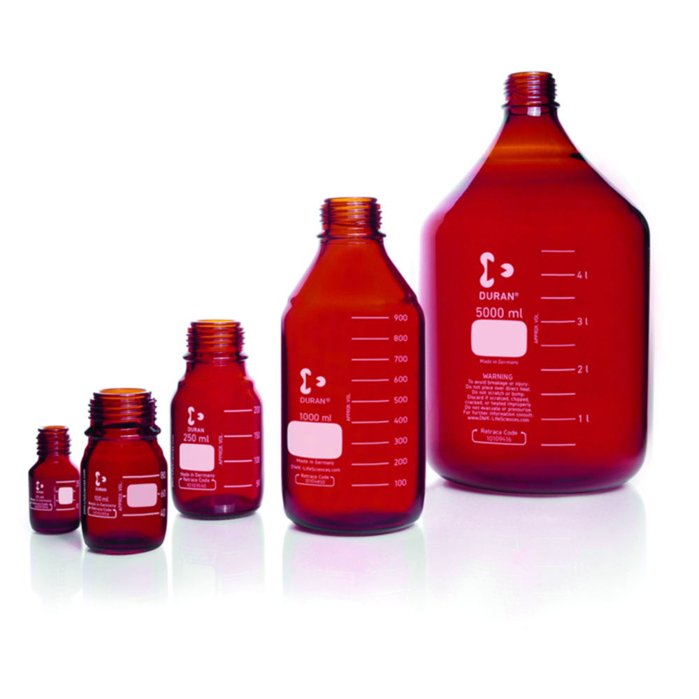 DWK Duran 500 mL Amber Glass Laboratory Bottle with GL45 Thread, Graduated Scale, without Screw Cap, and Pouring Ring