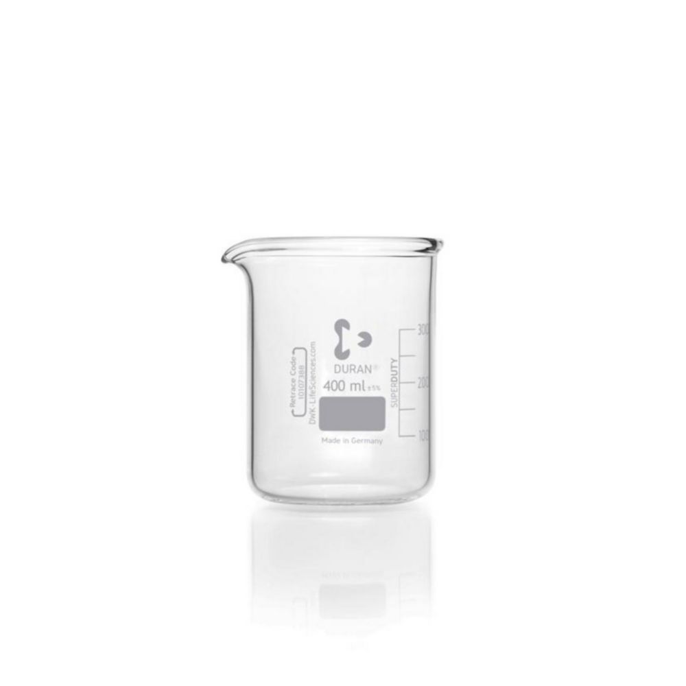 DWK Duran Super Duty Beaker, 400 ml, Low Form, with Division and Drain, 80x110 mm