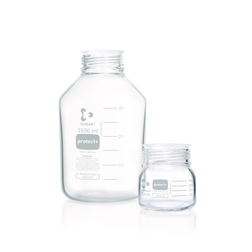 DWK Duran Laboratory Glass Bottle 1000 mL, GLS 80 Clear, Protect+ Plastic-Coated, with Cap