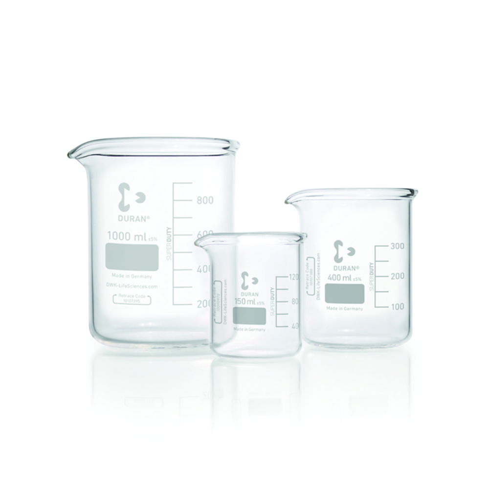 DWK Duran Super Duty Beaker, 250 ml, Low Form, with Division and Drain, 70x95 mm