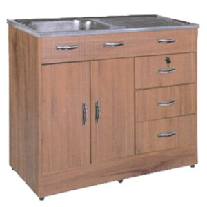 Kitchen sink unit with wooden cabinet and tap