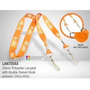 20mm Polyester lanyard with double Swivel hook for holding mask – Adults – Min 250 units