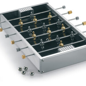 Mini table football game with golden and silver teams.