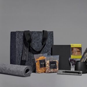 Eco Office Gift Hamper – RPET Desk Mat, A5 Notebook, Pen, Mug, Dried Mango & Other Snacks in Eco Friendly Tote Bag