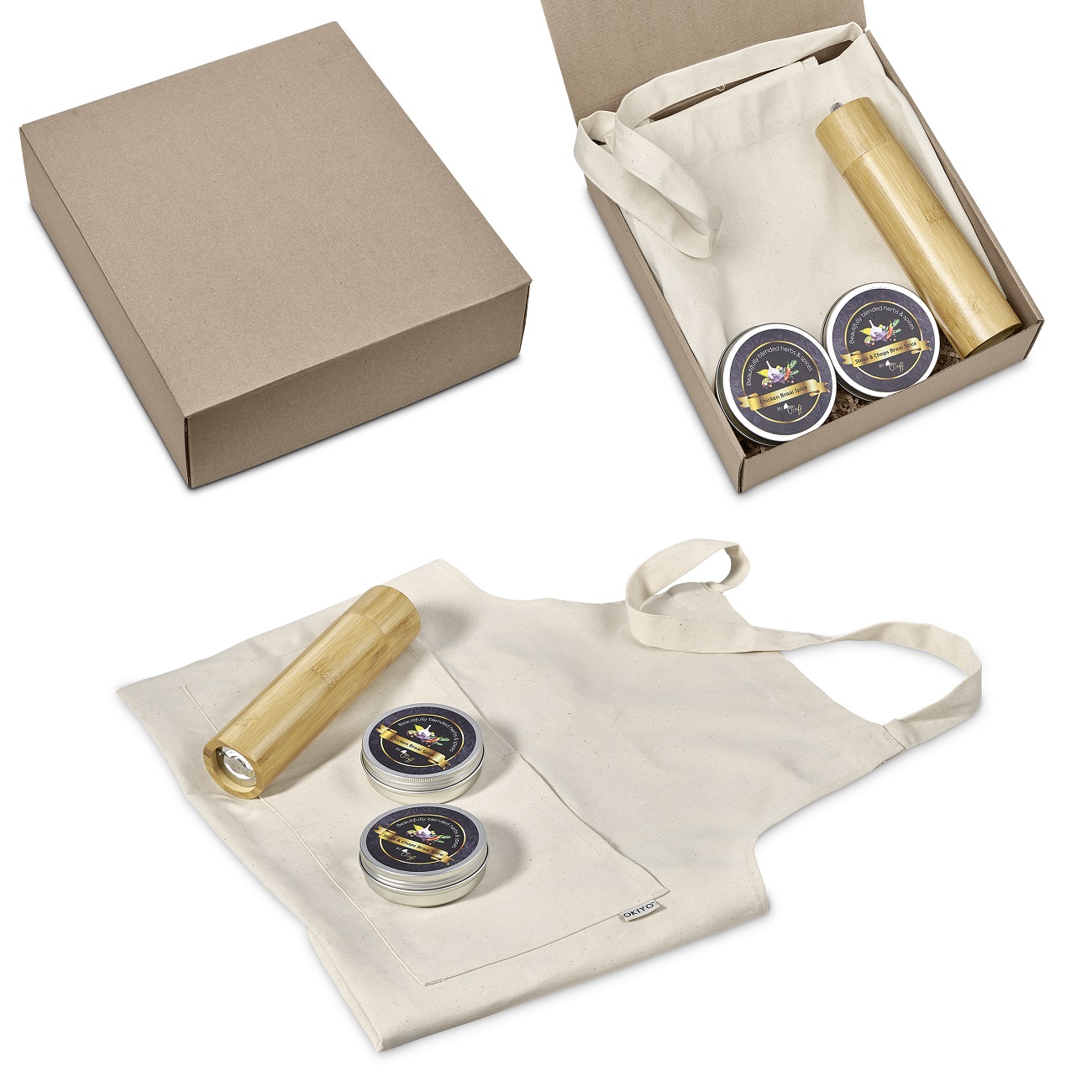 Gourmet Kitchen Gift Set – Cotton Apron, Bamboo Pepper Mill & Spices