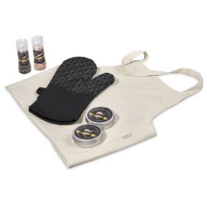 Gourmet Kitchen Gift Set – Cotton Apron & Over Glove. Salt & Pepper & Braai Spices