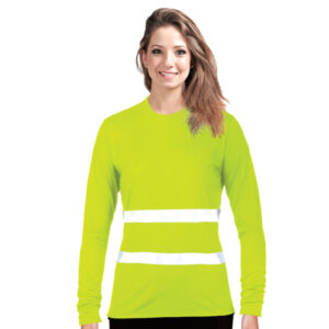 Ladies Hi-Viz Moisture Management Crew Neck Long Sleeve T-shirt with Reflective Strips – Min 50 Units