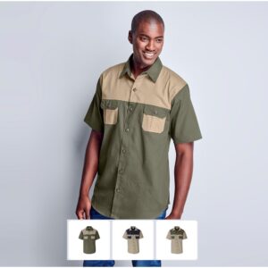 Mens Short Sleeve Serengeti Two-Tone Bush Shirt – 100% Cotton With Pleated Pockets Tracker Shirt
