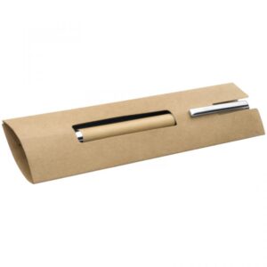Wooden ball pen presented in a cardboard pouch.