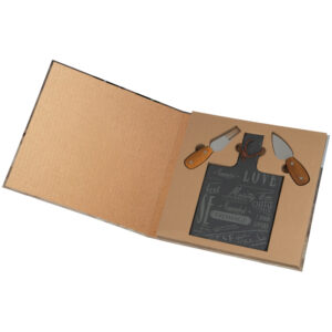 Cheese set with slate plate, cheese knife and fork, packed in eco friendly packaging