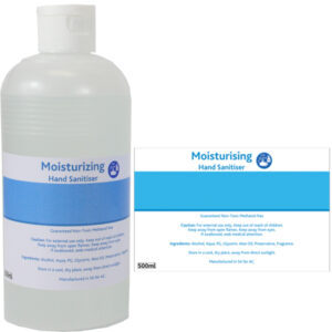 500ml Moisturising Sanitiser with full colour sticker – Min 50 Units