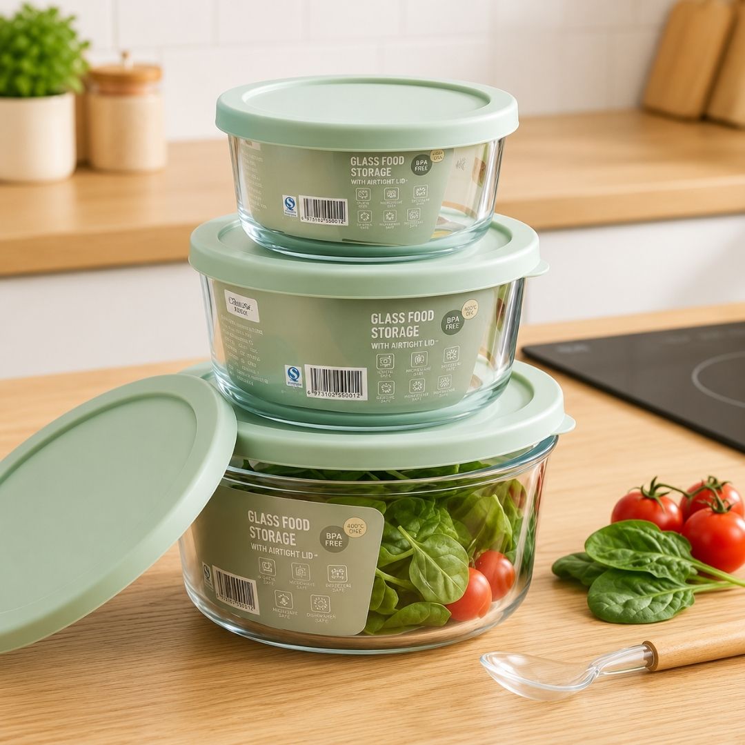 Round Glass Storage Set - Green - 3pc - Image 4