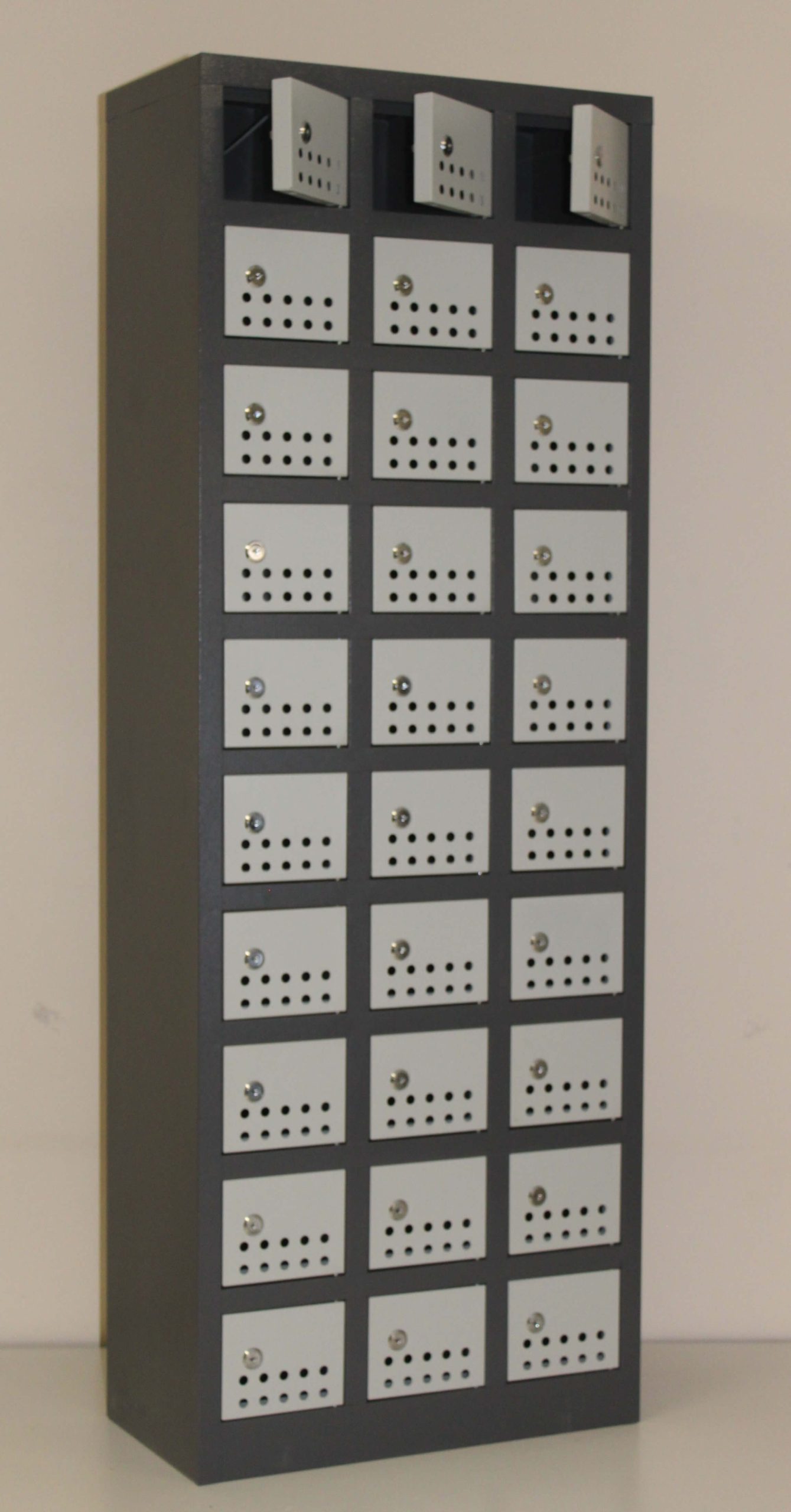 30 Compartment cell phone locker CELLOCK30Greyivory – 1405h x 510w x 260d