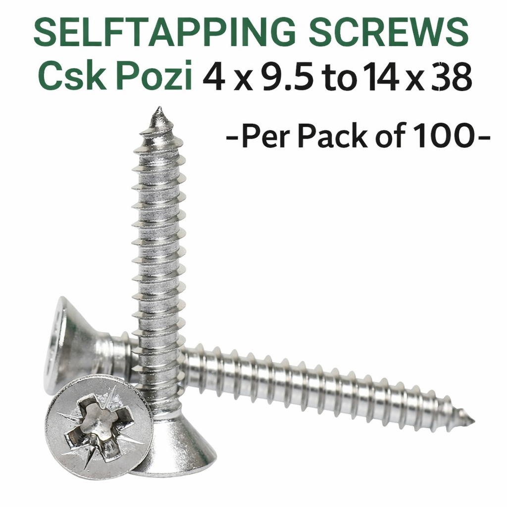SELFTAPPING SCREWS Csk Pozi 4 x 9.5 to 14 x 38 -Per Pack of 100