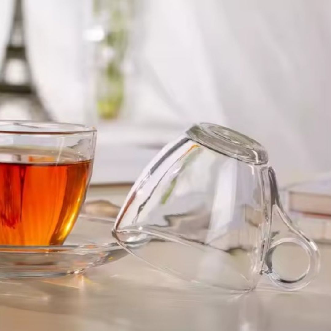 Clear Glass Tea Cup With Saucer Sets - 6's - Image 3