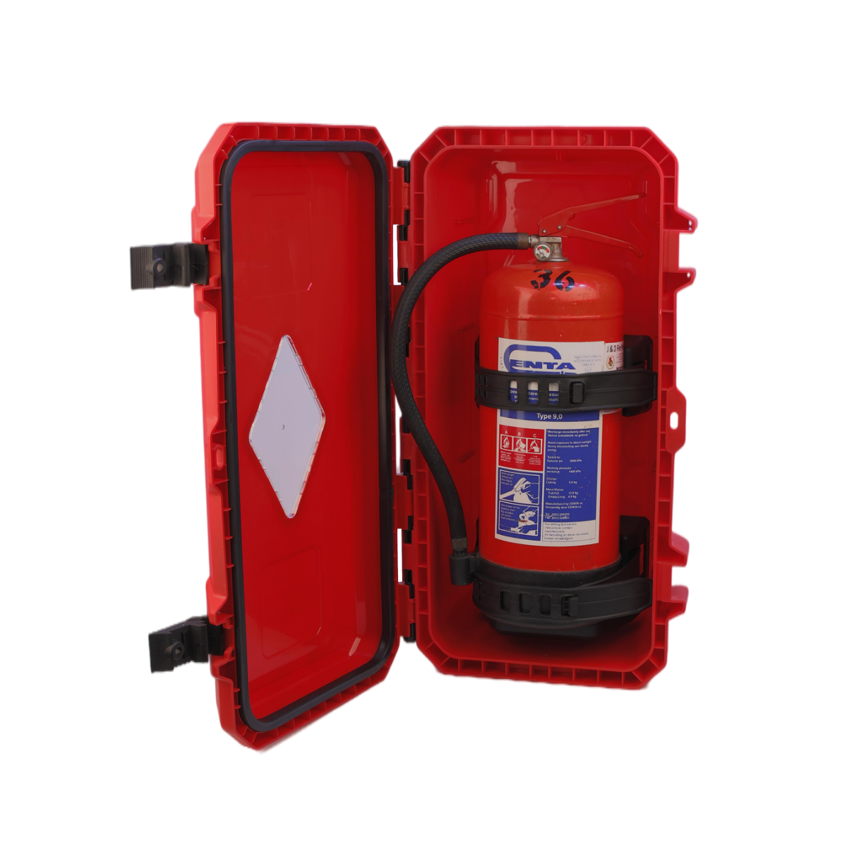 FIRE EXTINGUISHER BOX (Indoor & Outdoor Use) Red base & Red lid with clear diamond cut out