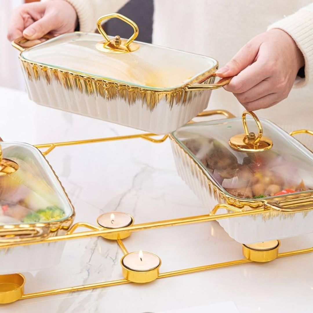 Food Warmer - 3 Division - White with Gold frame - Image 3