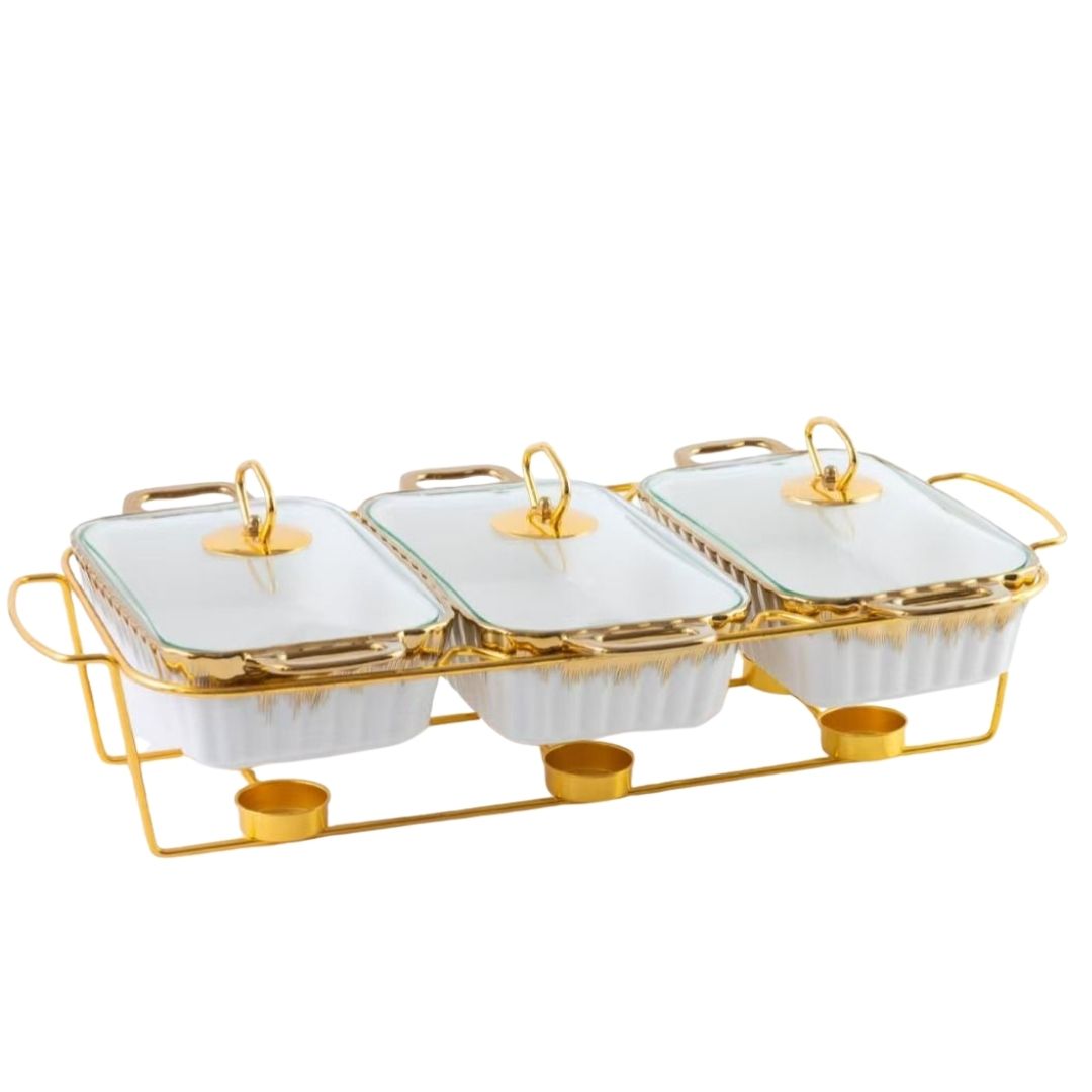 Food Warmer - 3 Division - White with Gold frame