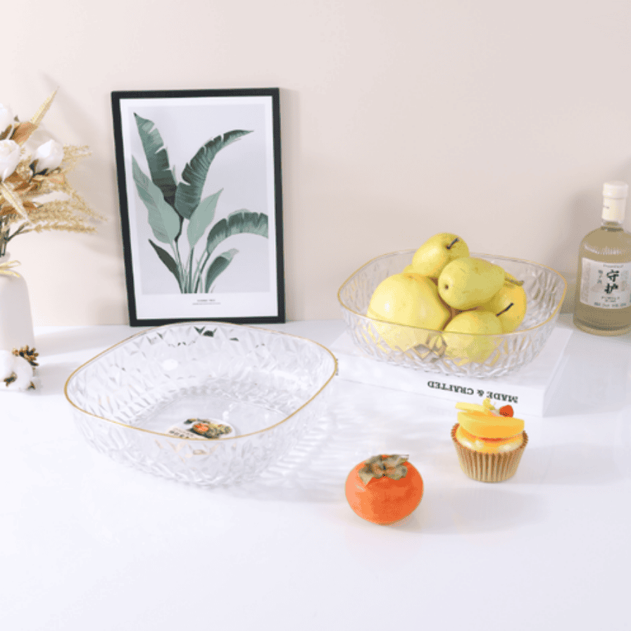 Square Plastic Salad Bowl with Gold Inlay Edge