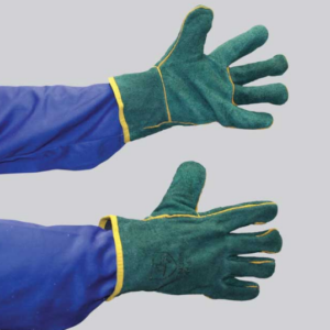 HEAT RESISTANT GLOVES – LINED (WELDING- FURNACE, GREEN LINED LEATHER- WELDING Green Lined, Welted Seams, Cotton Lined – 5cm Cuff