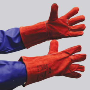 RED HEAT RESISTANT LEATHER GLOVES, Red Lined,Welted Seams,Cotton Lined – 35cm