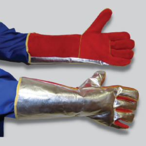 HEAT RESISTANT – SPECIALISED GLOVES, Alluminised Back / Red Leather c/w thermo barrier liner – Elbow length (Furnace-Pro)