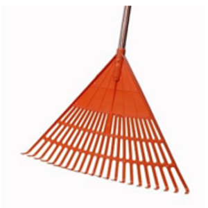 PLASTIC LEAF RAKE – 22 FINGER, VIRGIN PLASTIC, WITH SCREW-IN PLASTIC-COATED/WOODEN HANDLE.